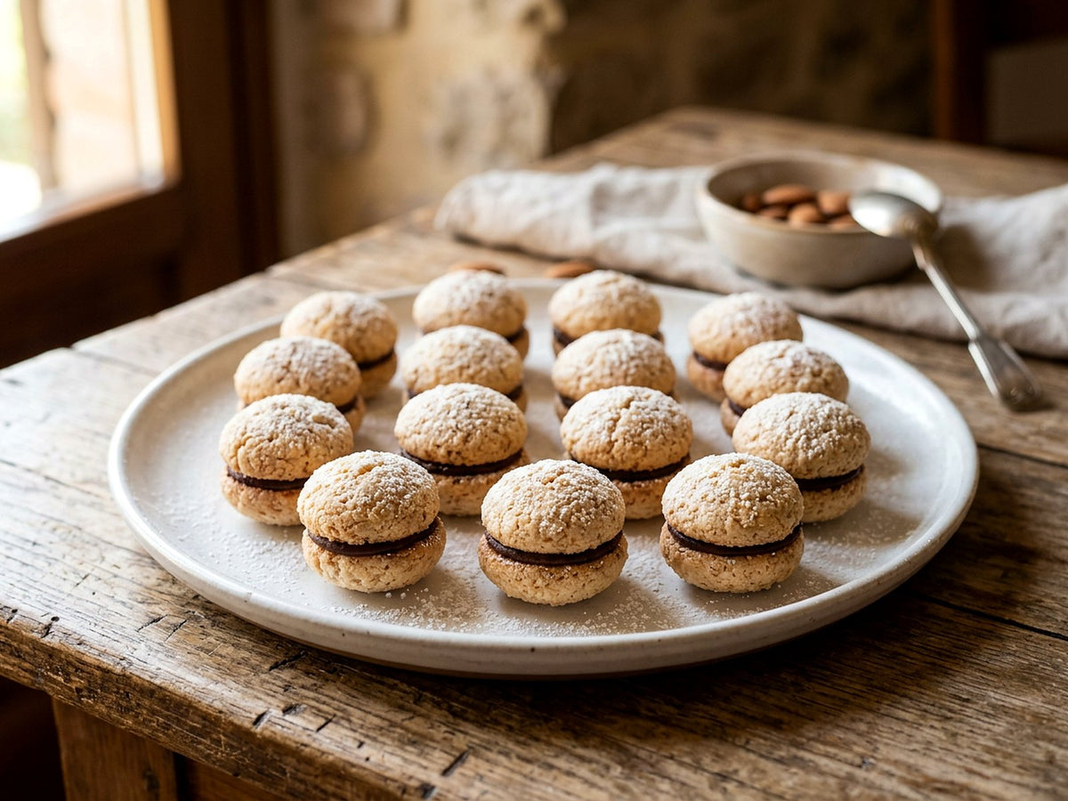 Almond Baci di dama with a Cocoa and Almond Centre