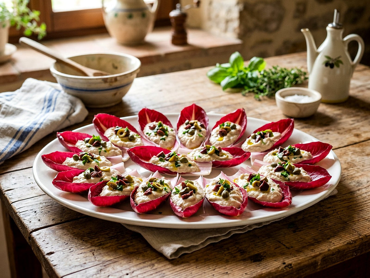 Barchette di radicchio di Treviso con mousse di tonno, capperi e olive