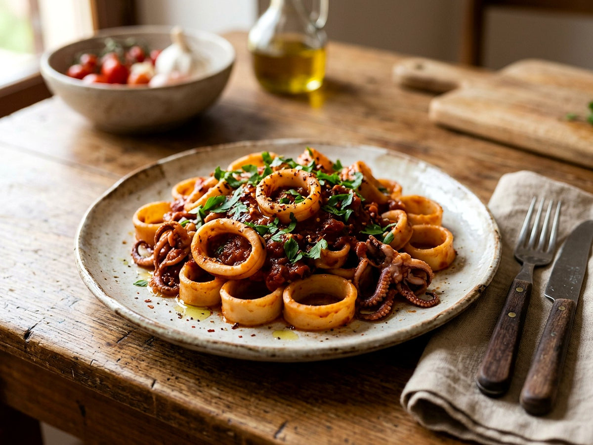 Calamarata with squid and tomato