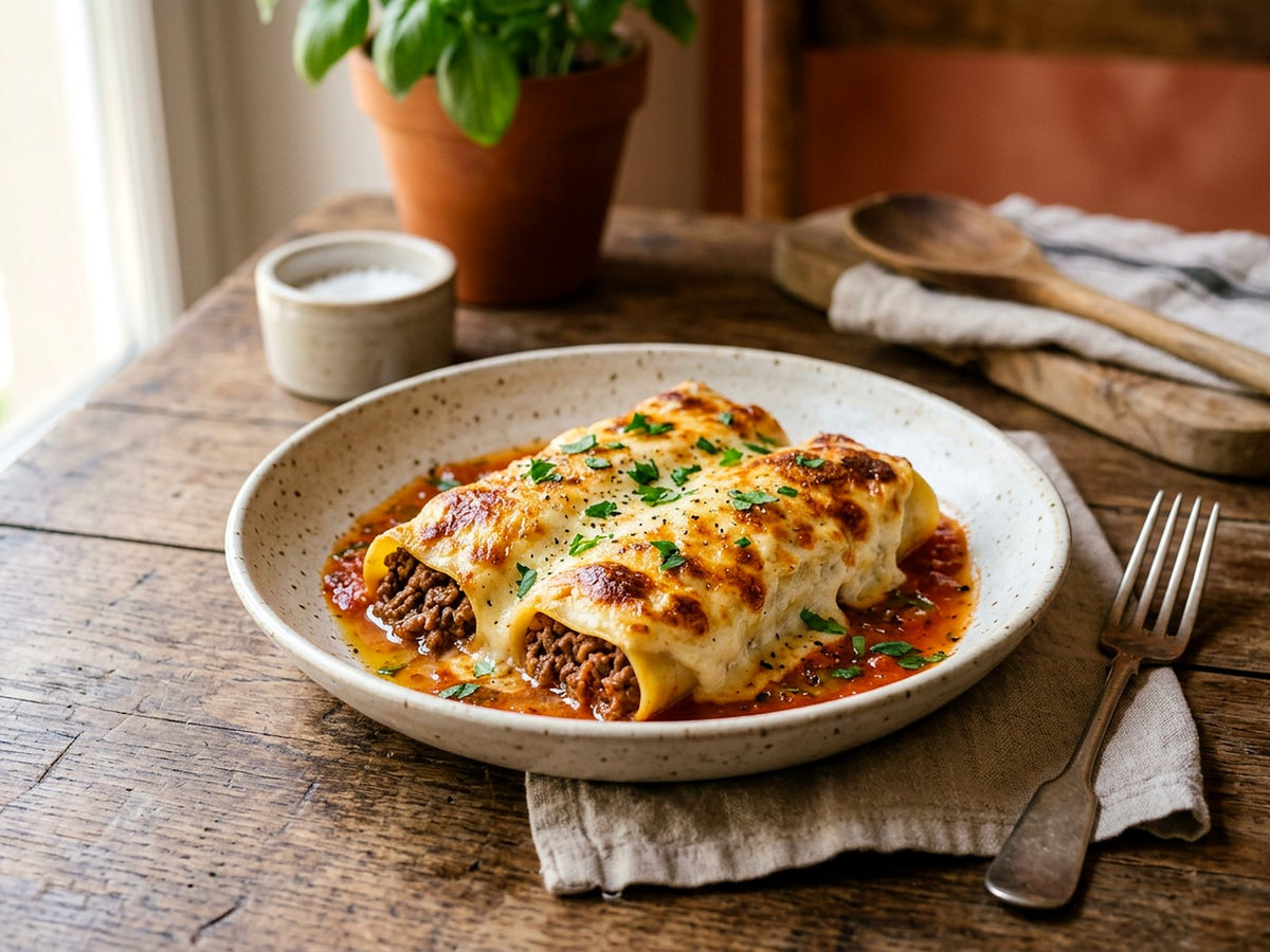 Cannelloni de carne, salsa de tomate y bechamel