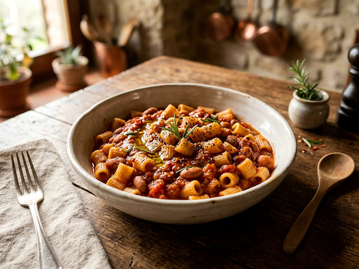 Chifferini con alubias borlotti, tomate y romero