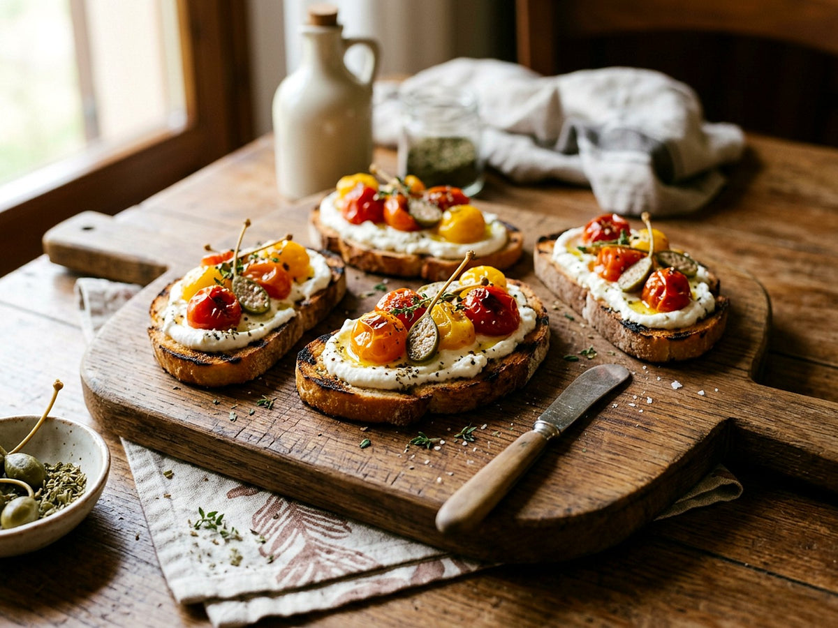 Crostini con ricotta, tomates cherry asados y alcaparrones