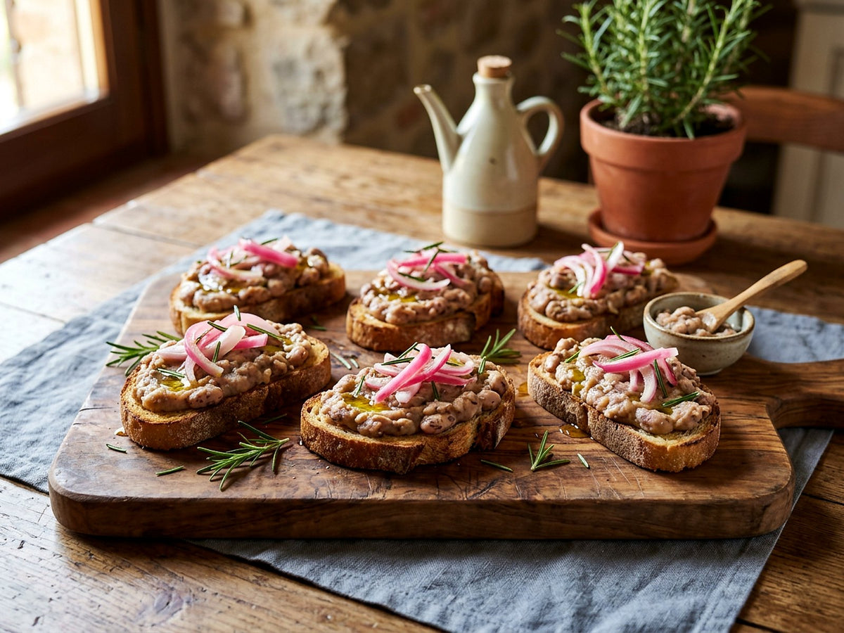 Borlotti bean crostini with rosemary and marinated red onion