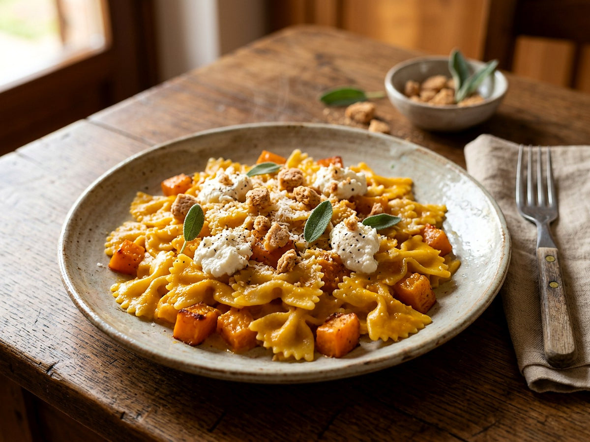 Farfalle con calabaza, ricotta, salvia y amaretti