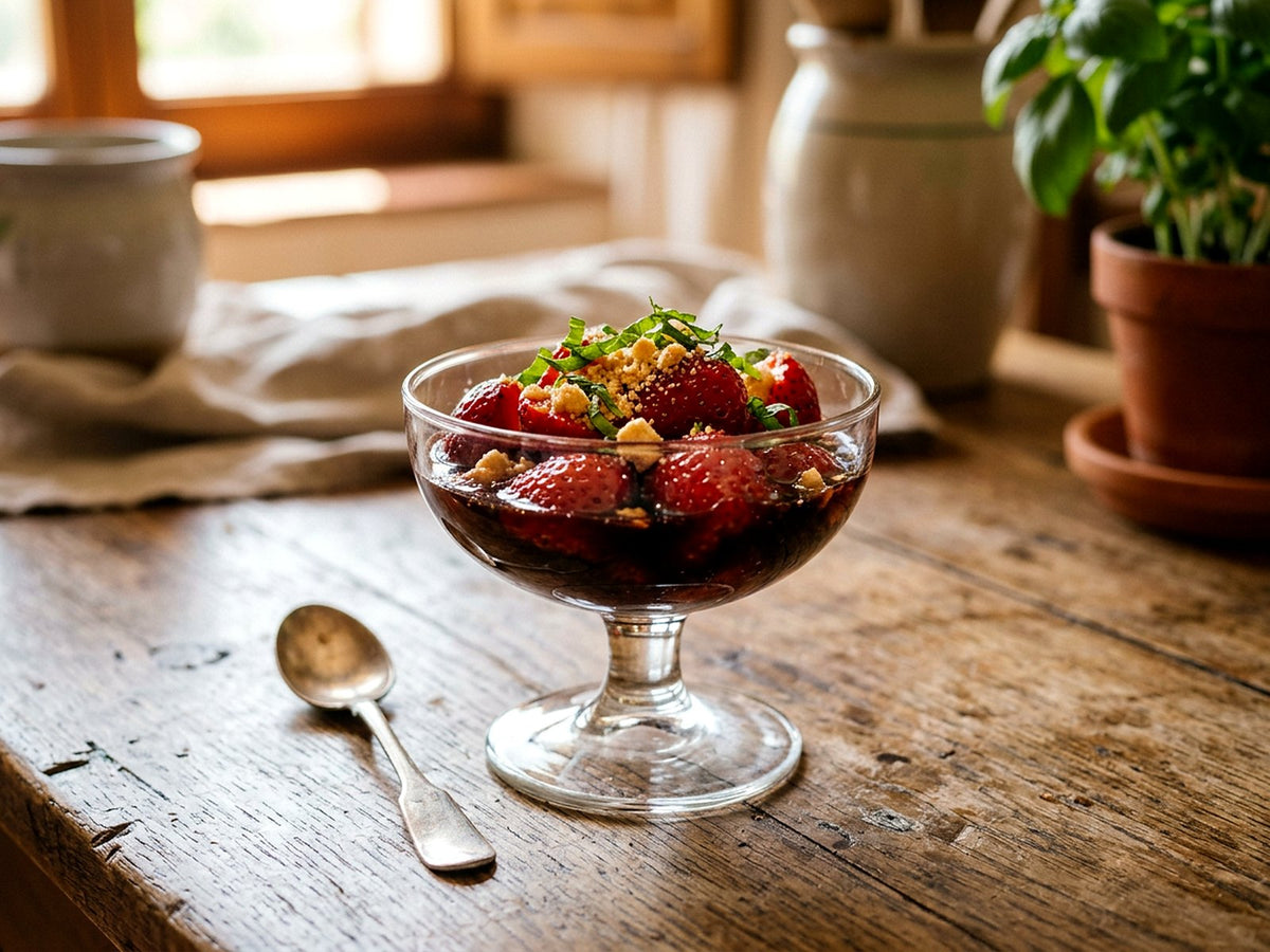 Fragole all'aceto balsamico e briciole di amaretti