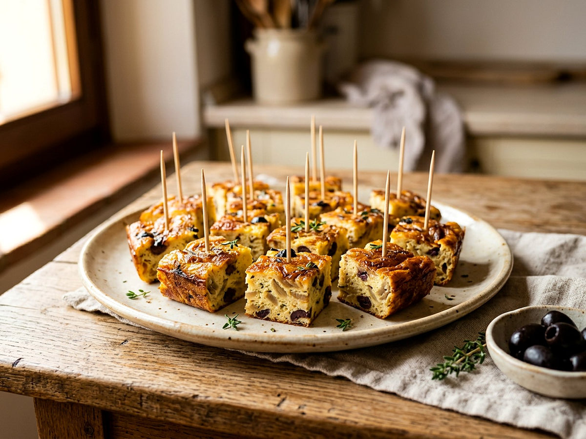 Frittata con cebollas tiernas y aceitunas taggiasche