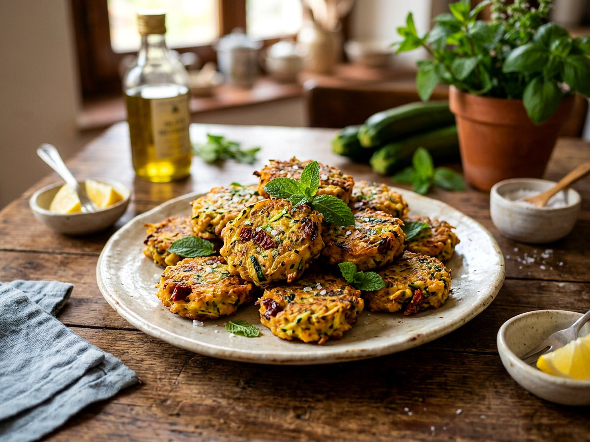 Frittelle de calabacín con garbanzos y tomates secos