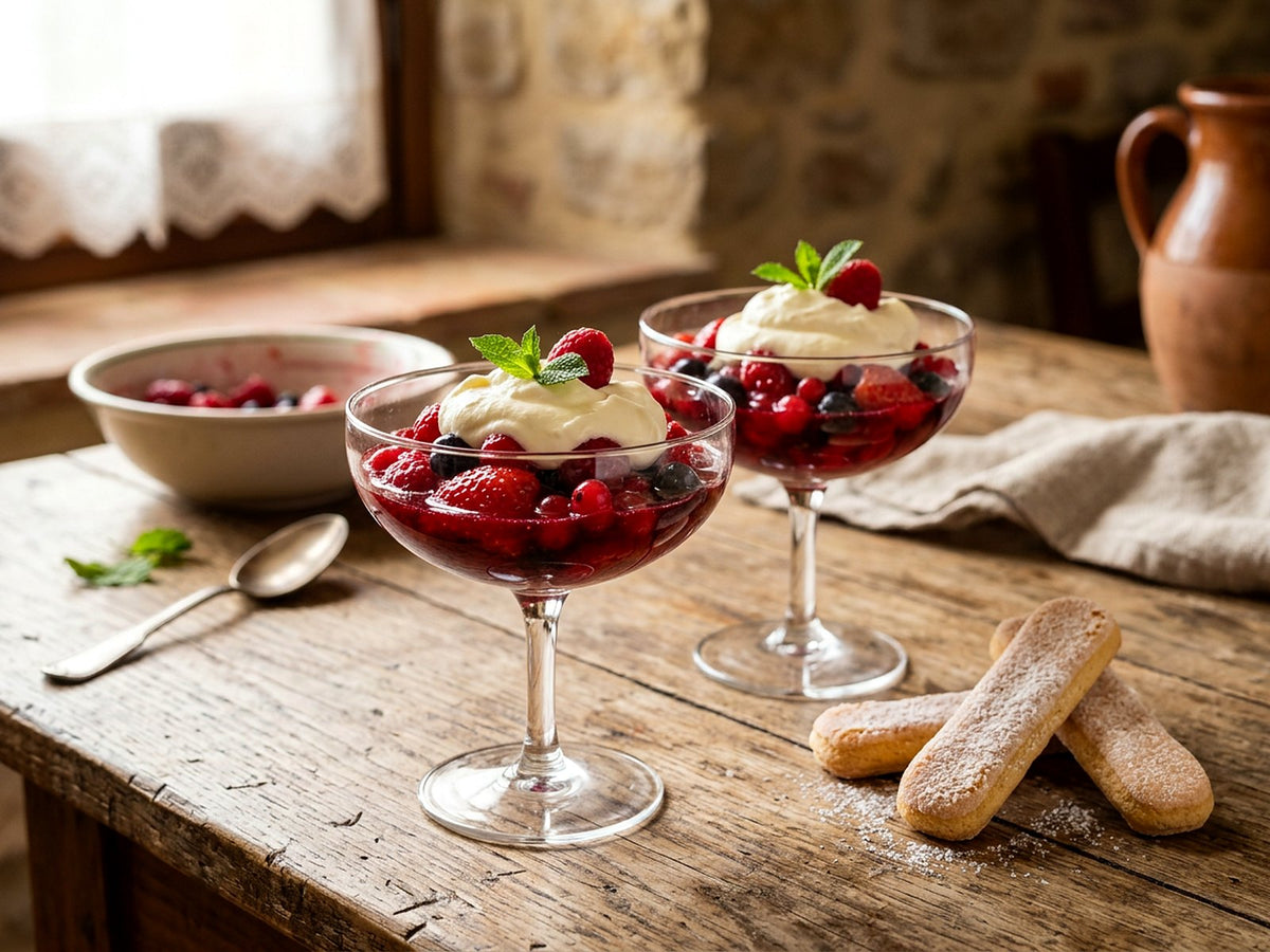 Red Berries with Lambrusco, Mascarpone Cream and Ladyfingers