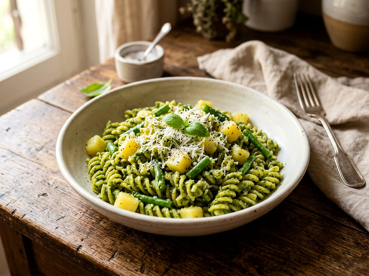 Fusilli di mais e riso al pesto, patate e fagiolini