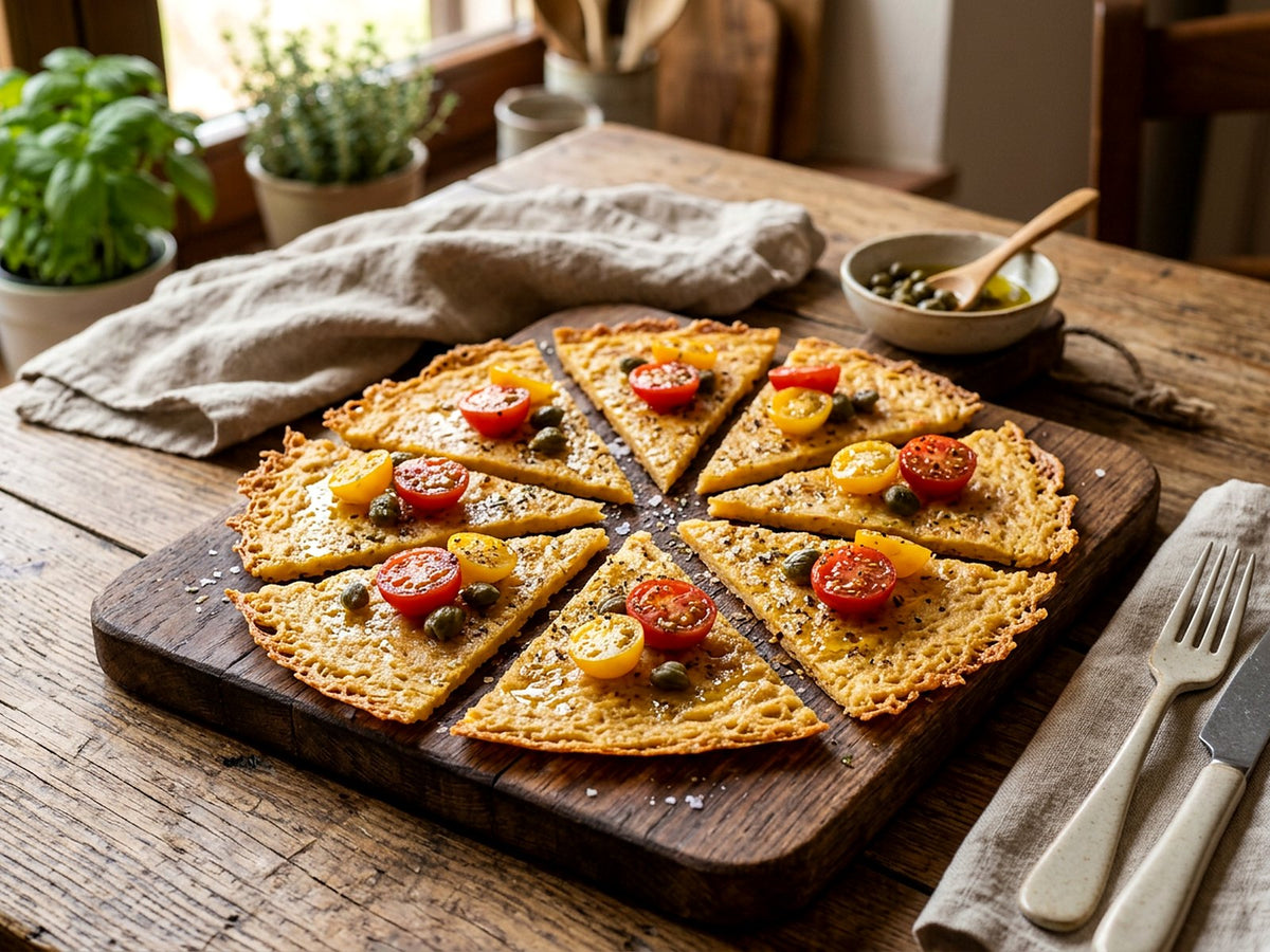 Kichererbsenfladen aus der Pfanne mit Kirschtomaten und Kapern
