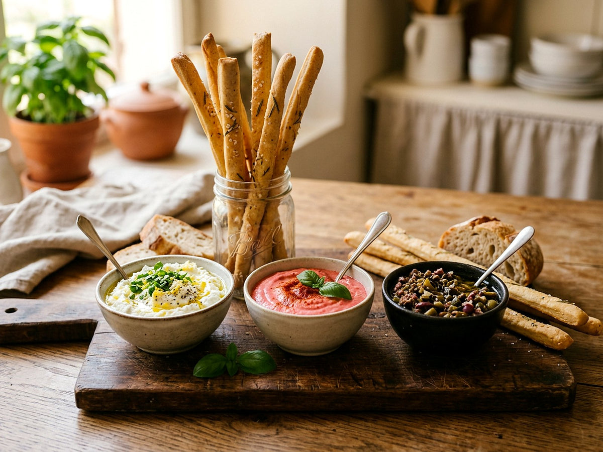 Grissini met drie dips: ricotta met citroen, gegrilde paprika en olijventapenade