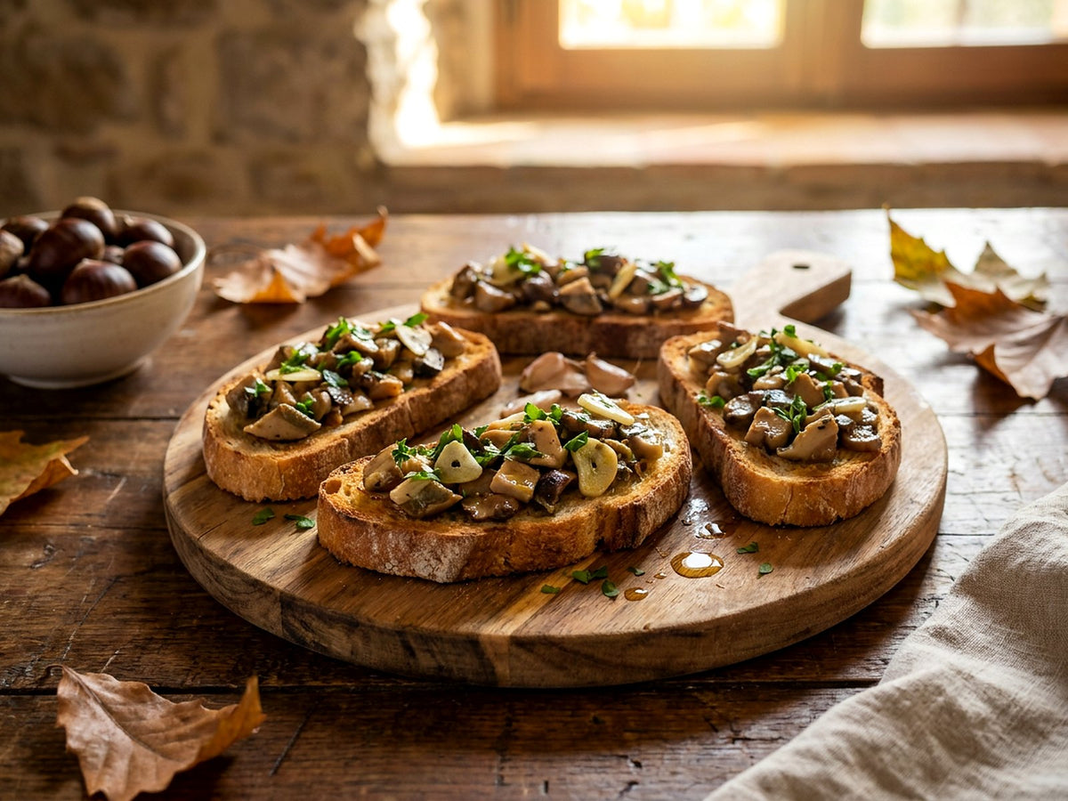 Crostini mit Steinpilzen, Knoblauch und Petersilie, beträufelt mit Trüffelöl