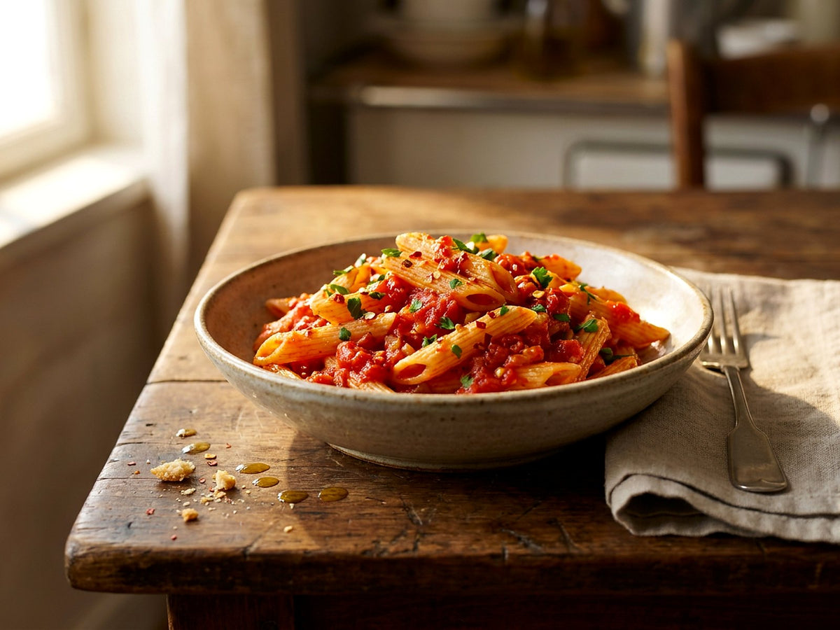 Penne de maíz y arroz all'arrabbiata