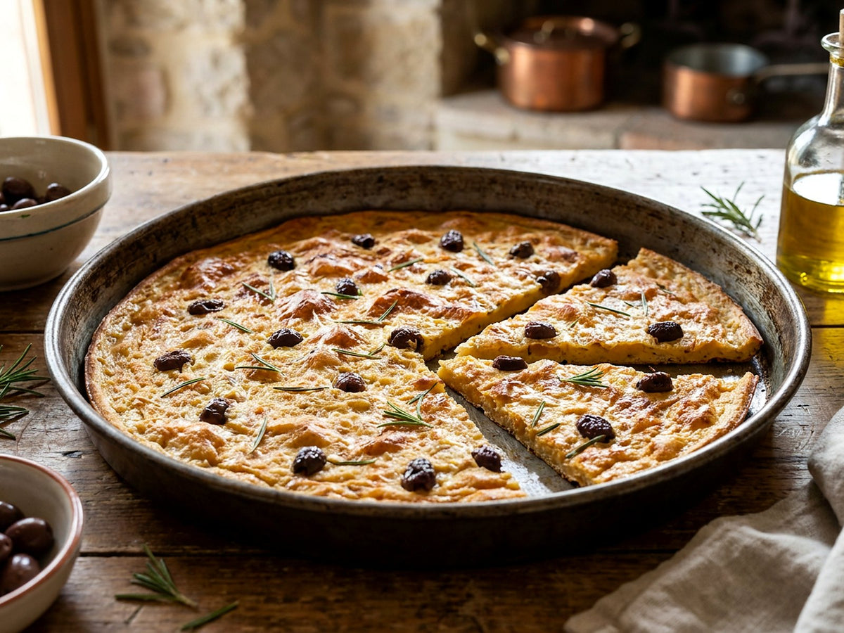 Farinata mit Taggiasca-Oliven und Rosmarin