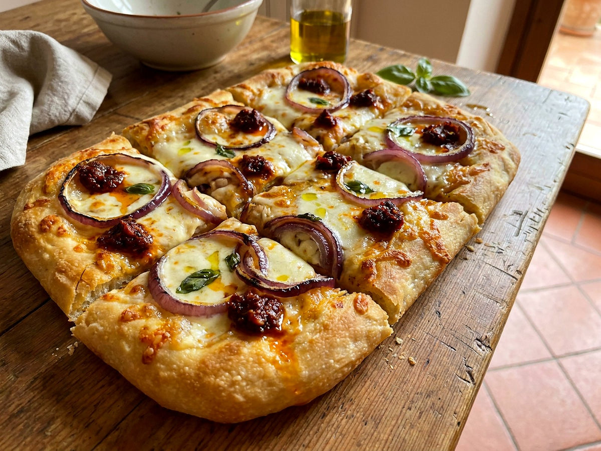 Pizza in teglia con 'nduja e cipolla rossa