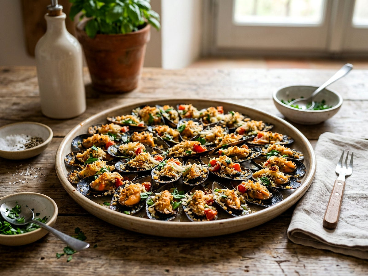 Moules gratinées à la chapelure, pecorino et persil