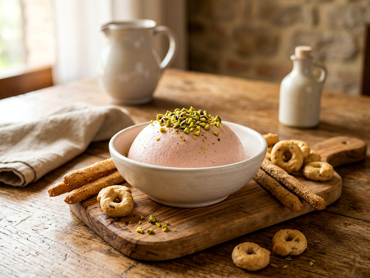Mortadella mousse with ricotta and pistachio, breadsticks and taralli