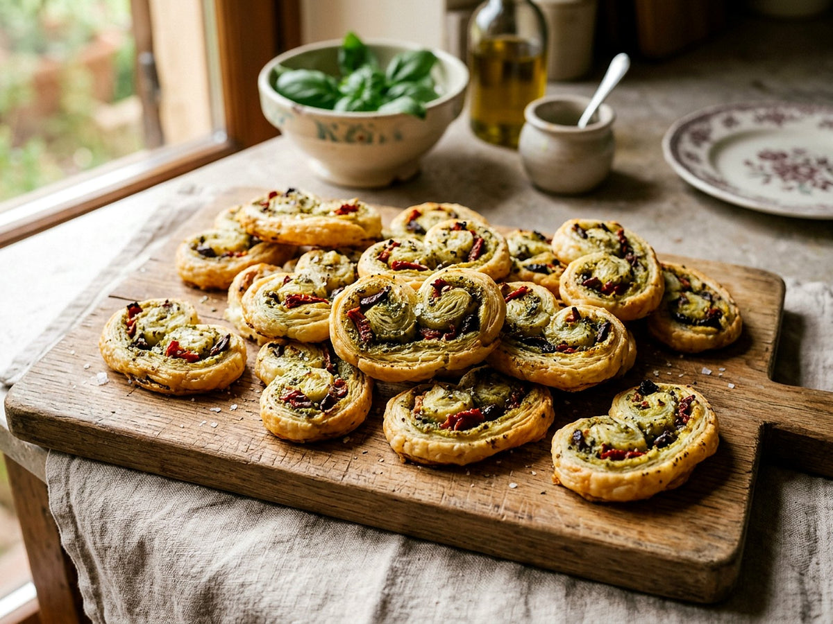 Pesto puff pastry palmiers with sun-dried tomatoes and olives