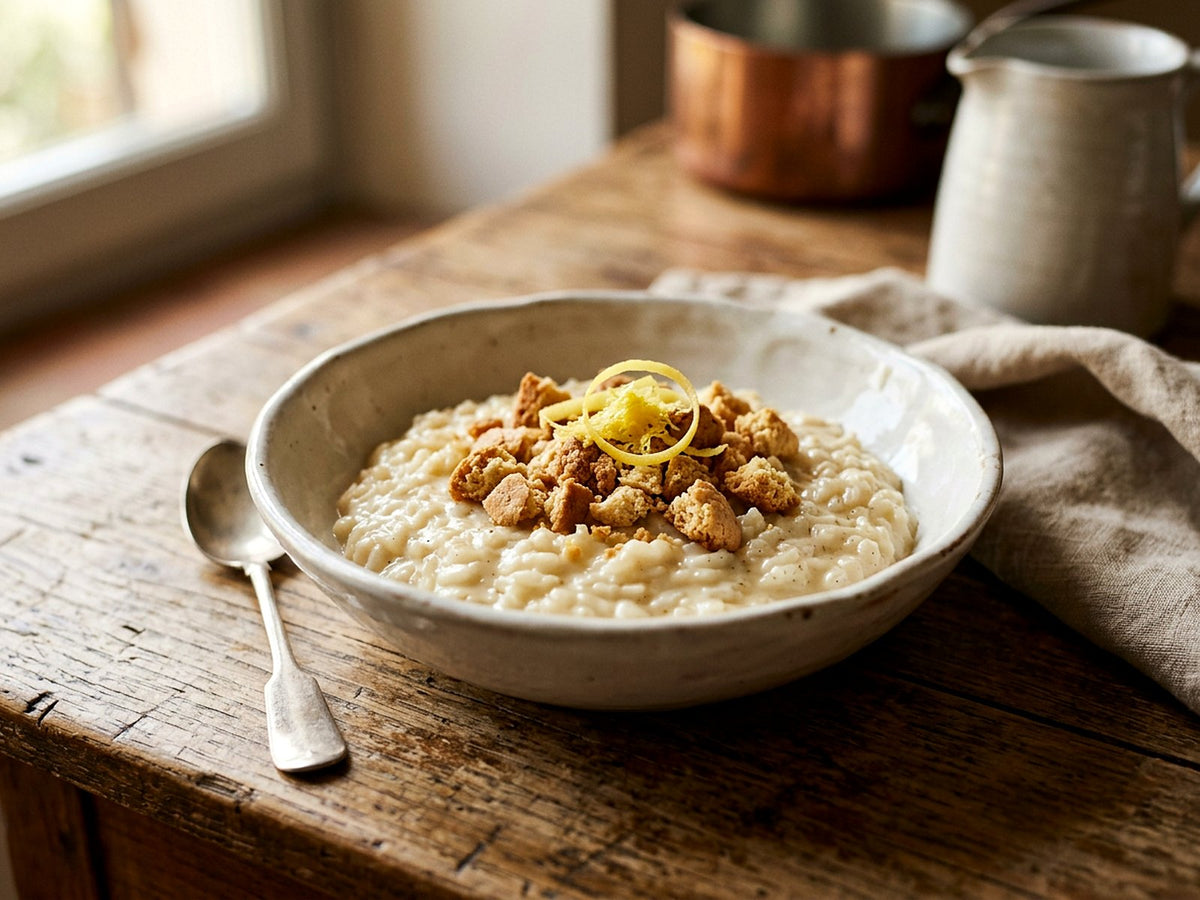 Rice pudding with almond cream and amaretti