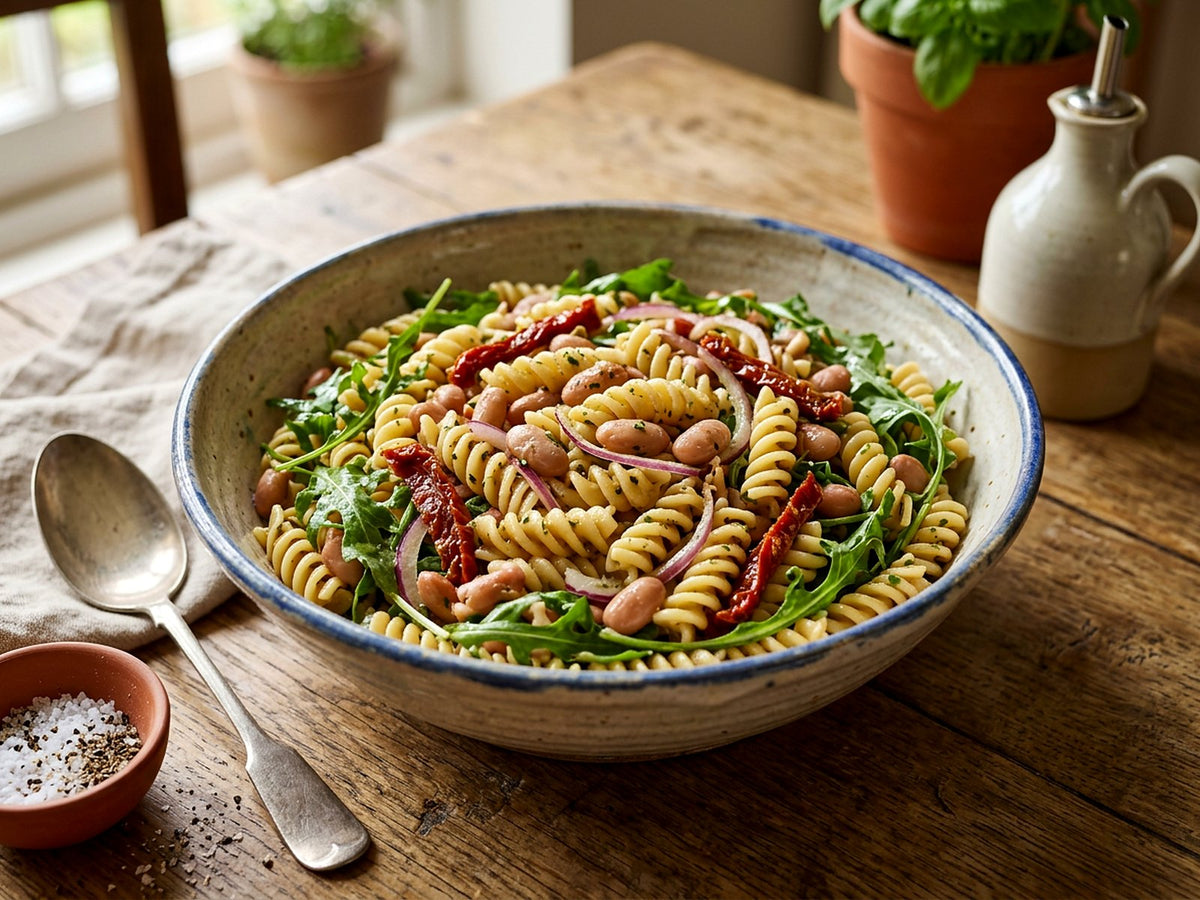 Salade tiède de fusilli aux borlotti et tomates séchées