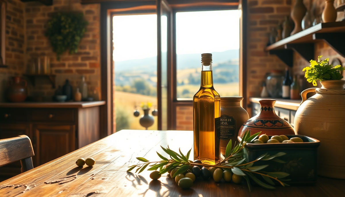 Bouteille d’huile d’olive italienne artisanale sur table rustique avec rameaux d’olivier, lumière naturelle et paysage toscan en arrière-plan — EasyGusto