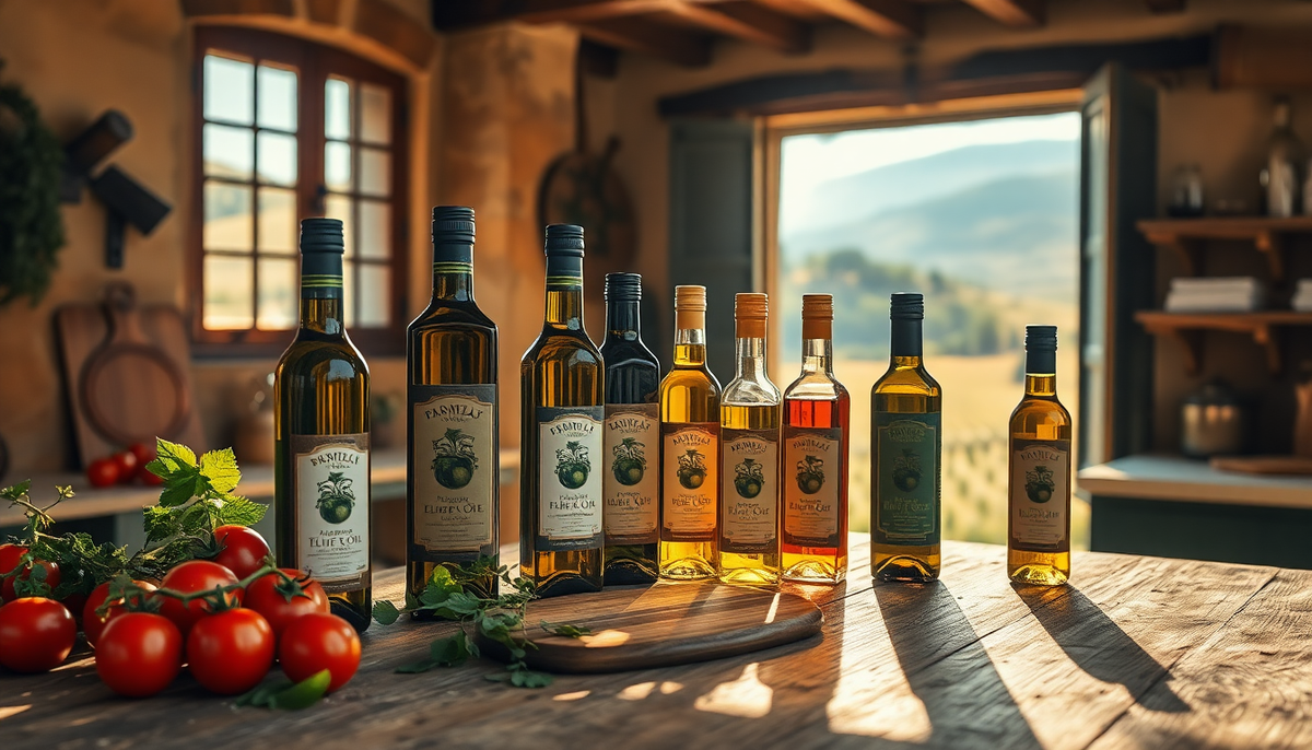Bouteilles d’huiles d’olive italiennes artisanales alignées sur une table en bois dans une cuisine rustique, avec des tomates fraîches et vue sur les collines toscanes baignées de lumière naturelle.