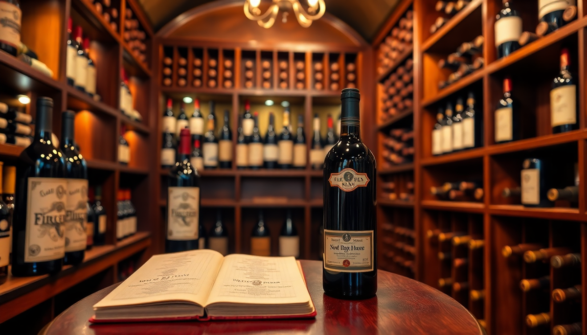 Bouteille de vin italien de collection exposée dans une cave élégante en bois, entourée d’autres grands crus et d’un livre de dégustation ouvert, ambiance chaleureuse et raffinée.