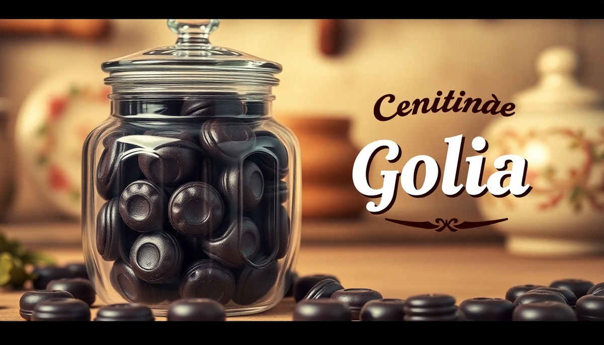 Bocal de bonbons Golia à la réglisse italienne sur une table rustique – confiserie italienne traditionnelle, photo EasyGusto.fr