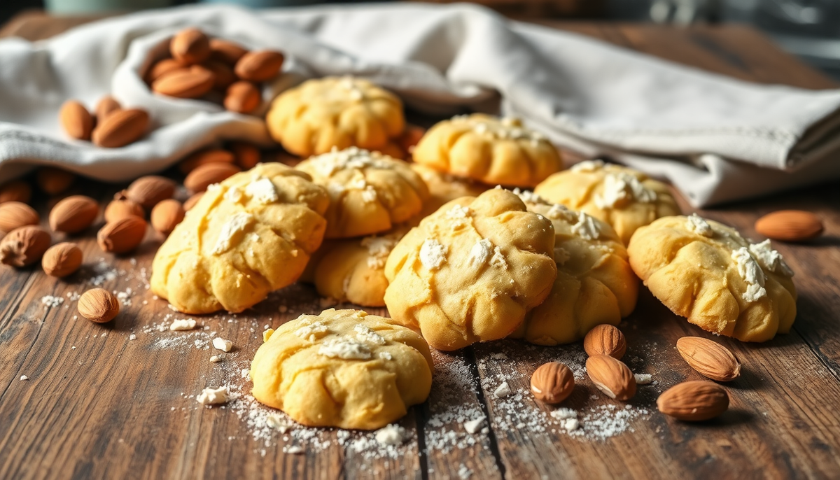 Biscuits Amaretti italiens moelleux aux amandes, saupoudrés de sucre glace, présentés sur une table rustique en bois.