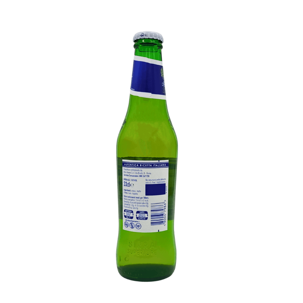 Rückseite der Peroni Nastro Azzurro 33cl Bierflasche mit Nährwertangaben und detaillierten Zutaten.
