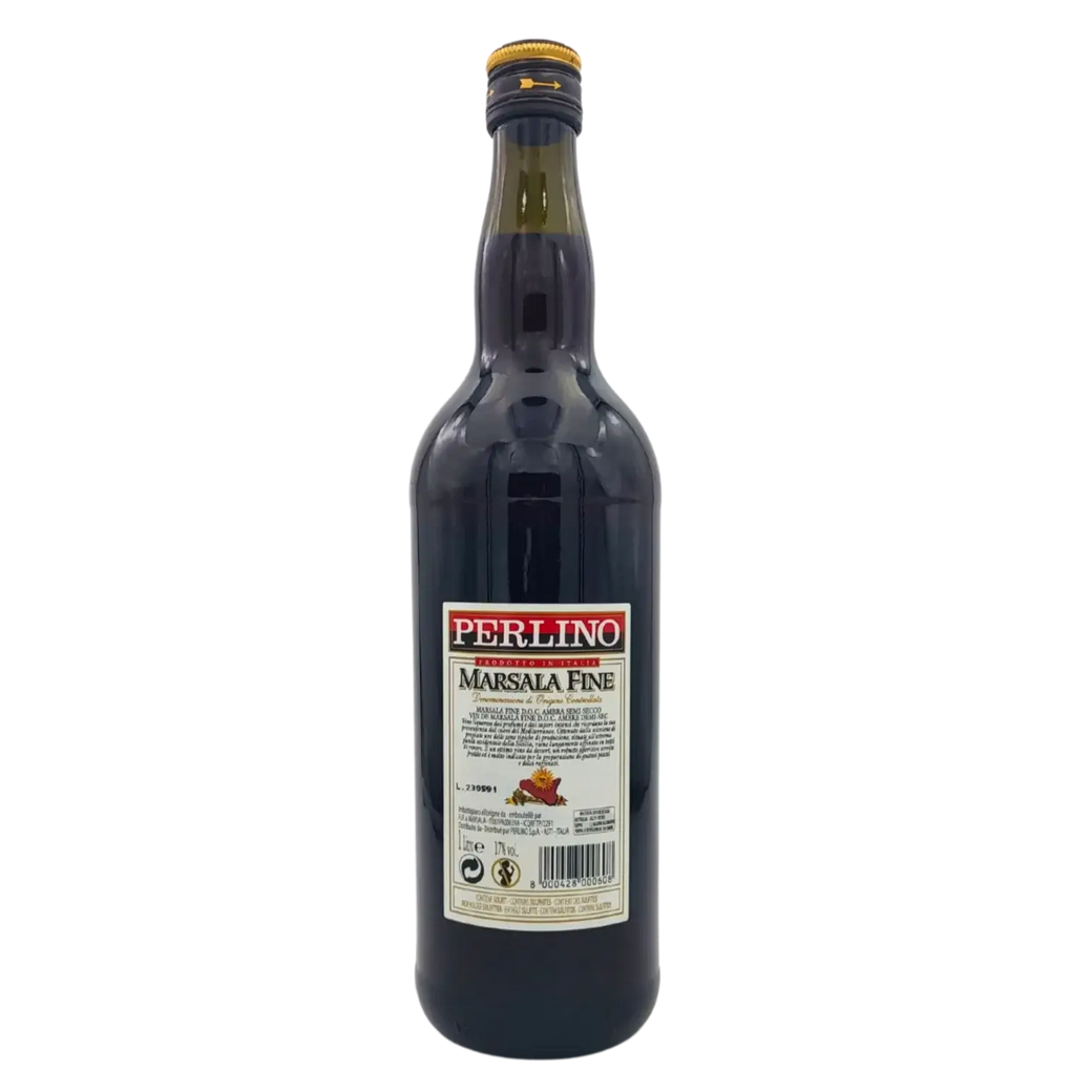 Fles marsala wijn Perlino D.O.C 1L, Siciliaanse likeur gerijpt in eiken vaten, ideaal voor tiramisu en kazen.