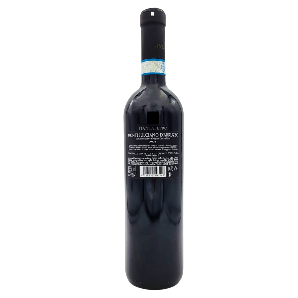 Bouteille de vin rouge Piantaferro Montepulciano d'Abruzzo DOC 75cl, vue arrière avec étiquette.