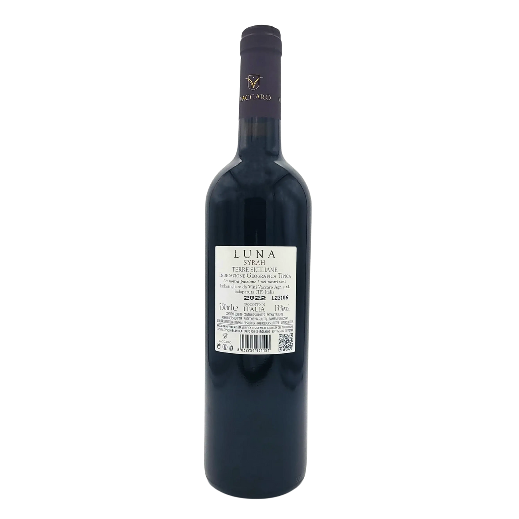 Bouteille de vin rouge Luna Syrah Terre Siciliane IGT Vaccaro 75cl, vin élégant et fruité de Sicile.