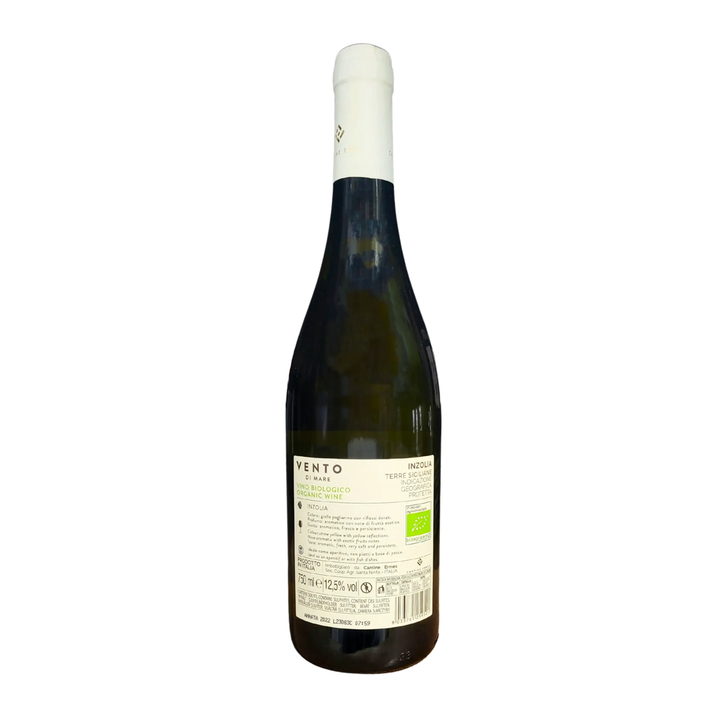 Rücketikett der Weißweinflasche Vento di Mare Inzolia, ein biologischer sizilianischer Wein, 75cl, 12,5% vol.