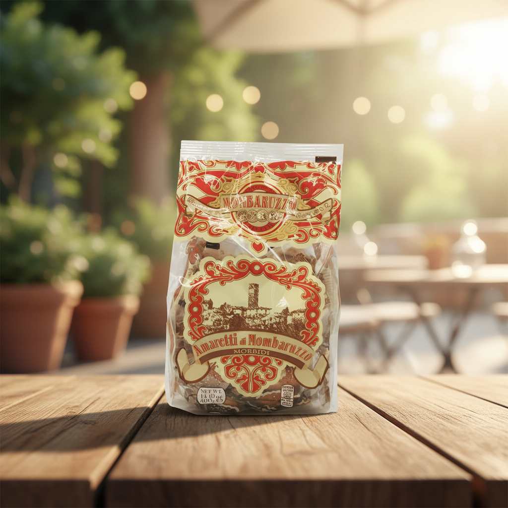 Amaretti morbidi de Mombaruzzo Giacobbe & Gamalero (400 g) sur une table en bois, en lumière naturelle