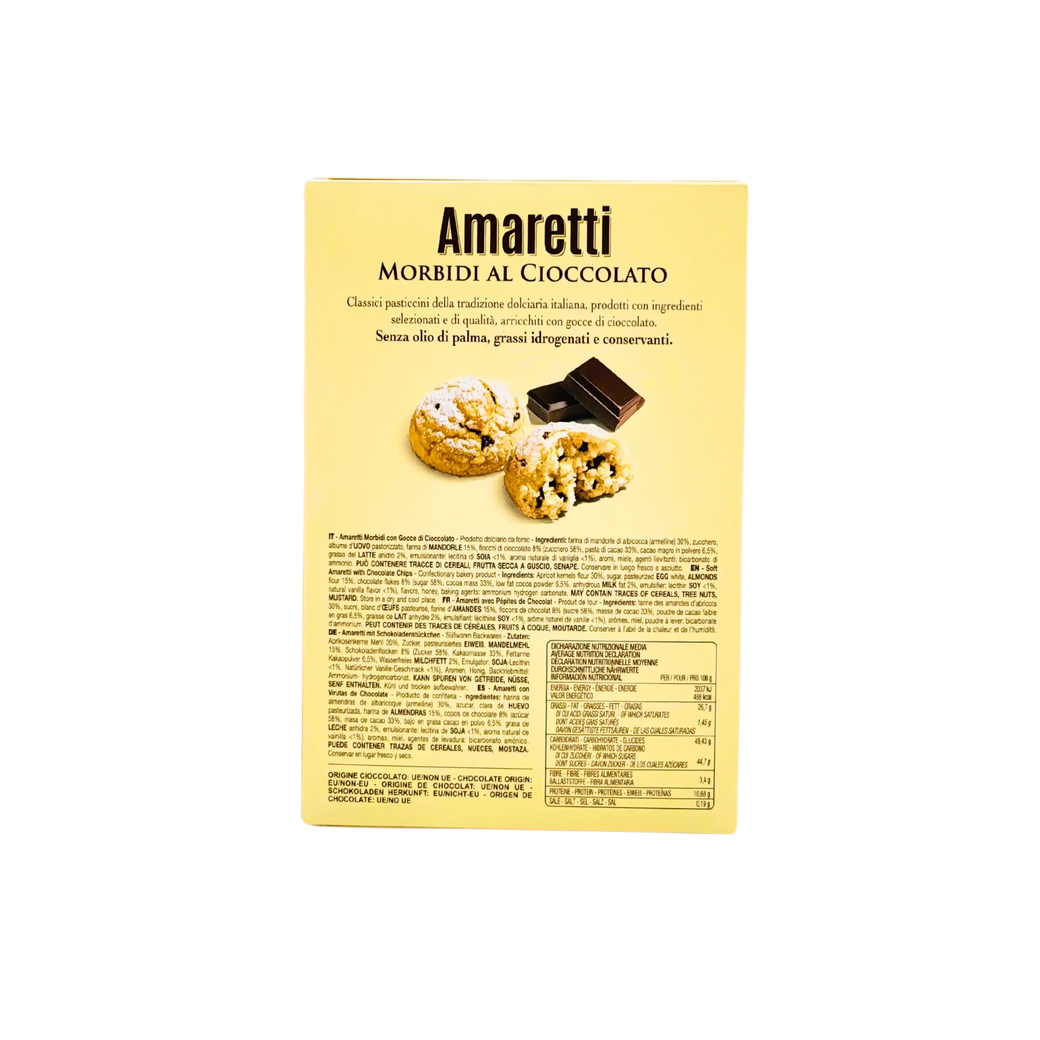 Achterkant van de verpakking van Amaretti Falcone chocolade met afbeelding van de koekjes en productinformatie.