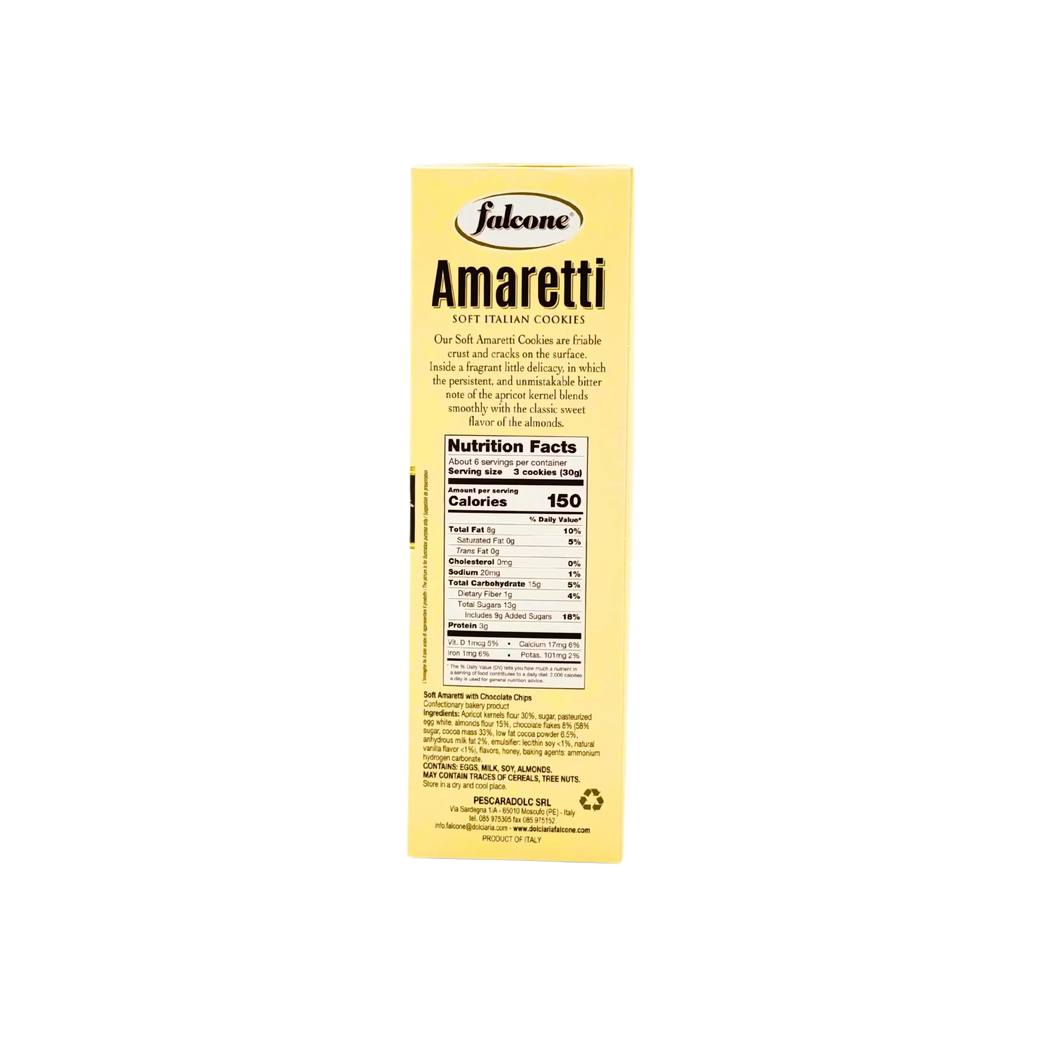 Achterkant van de Amaretti Falcone verpakking, voedingsinformatie van chocolade en traditionele presentatie.