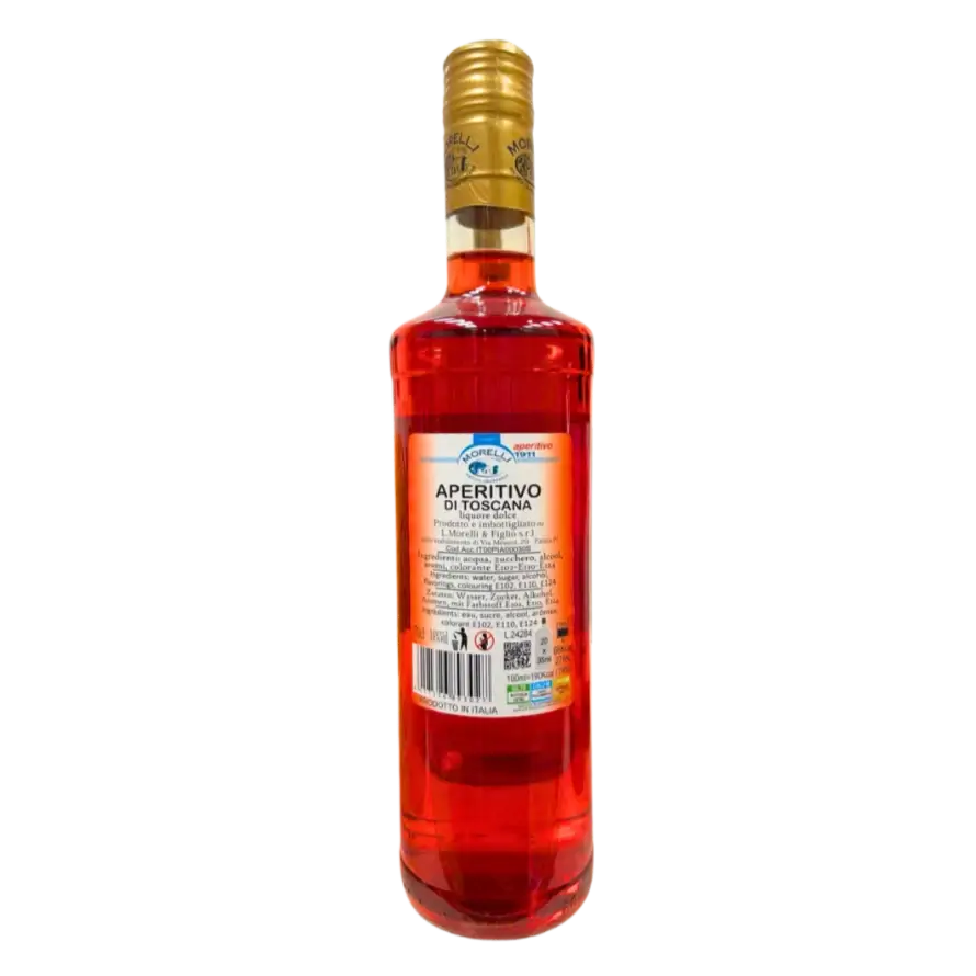 Face arrière d’une bouteille d’apéritif italien Aperitivo Toscana Rosato 700ml de la marque Morelli, boisson rouge avec étiquette détaillant les informations nutritionnelles, ingrédients et code-barres.