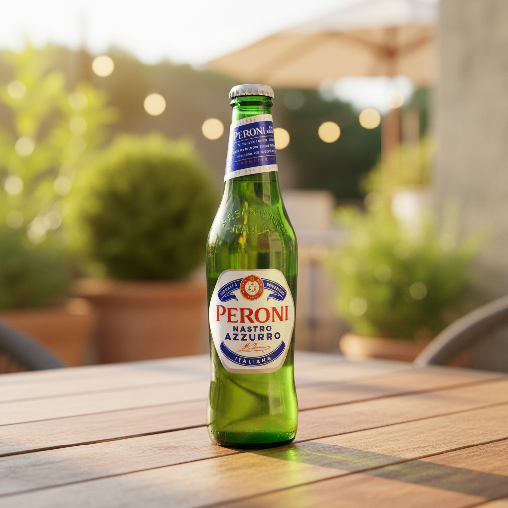 Peroni Nastro Azzurro sur une table en bois, en lumière naturelle