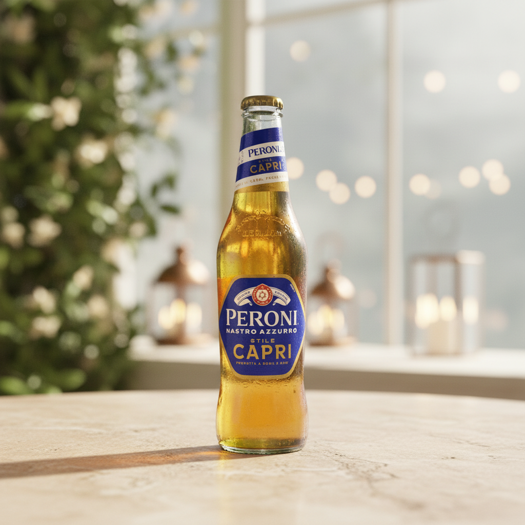 Bière Peroni Stile Capri sur une table en bois, en lumière naturelle
