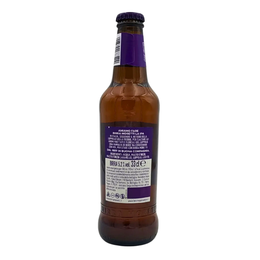Bouteille de Birra Moretti IPA 33 cl, mettant en valeur le style italien de la birra moretti ipa avec son design d’étiquette violet distinctif.