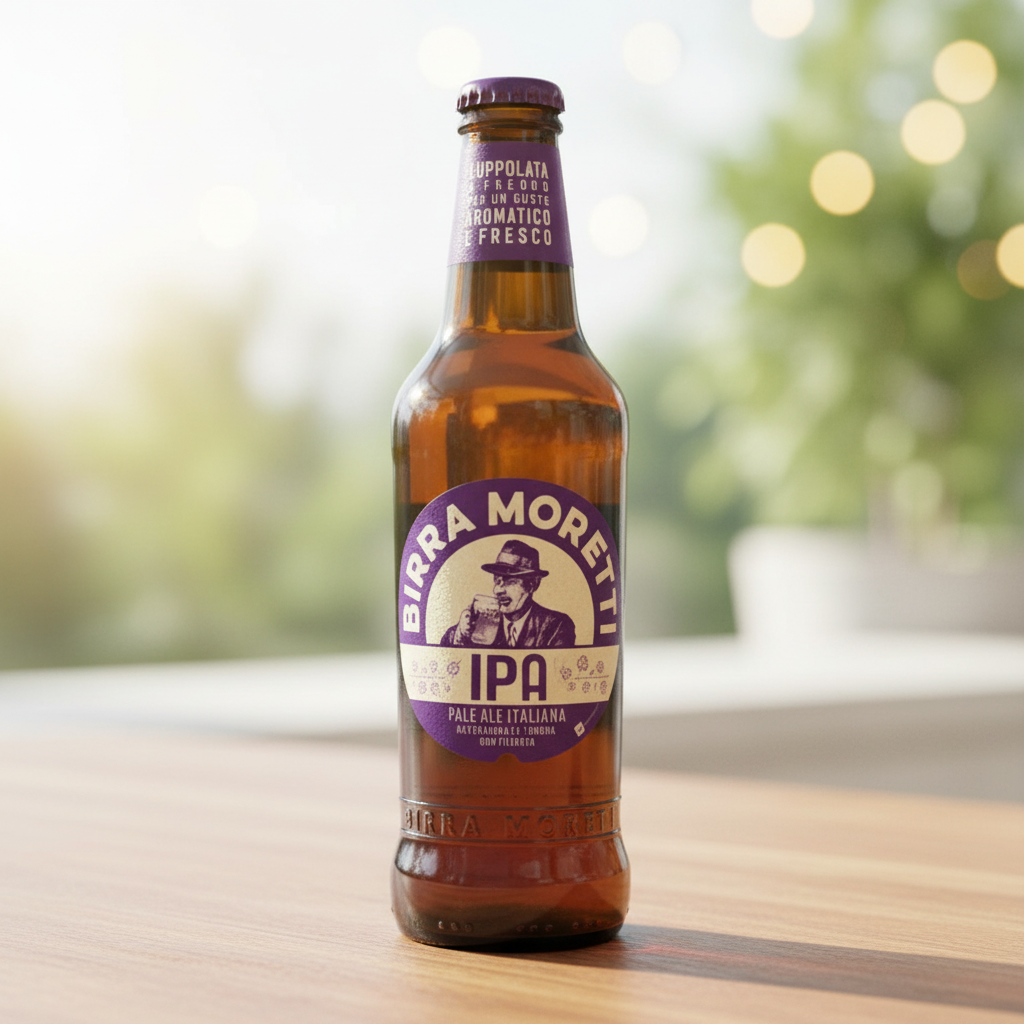 Birra Moretti IPA sur une table en bois, en lumière naturelle
