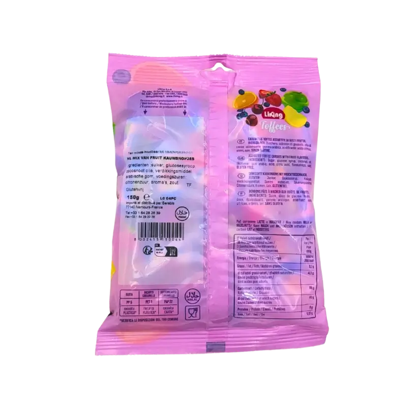 Voedingsinformatie en ingrediënten van de Liking Toffees Assortite 150g – glutenvrije fruitige snoepjes