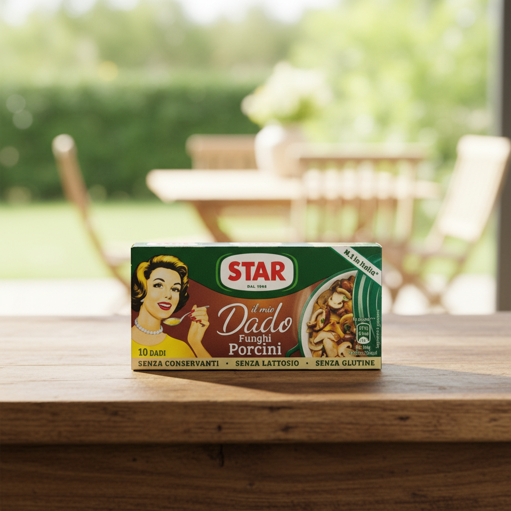 Bouillon Cubes Cèpes Star sur une table en bois, en lumière naturelle
