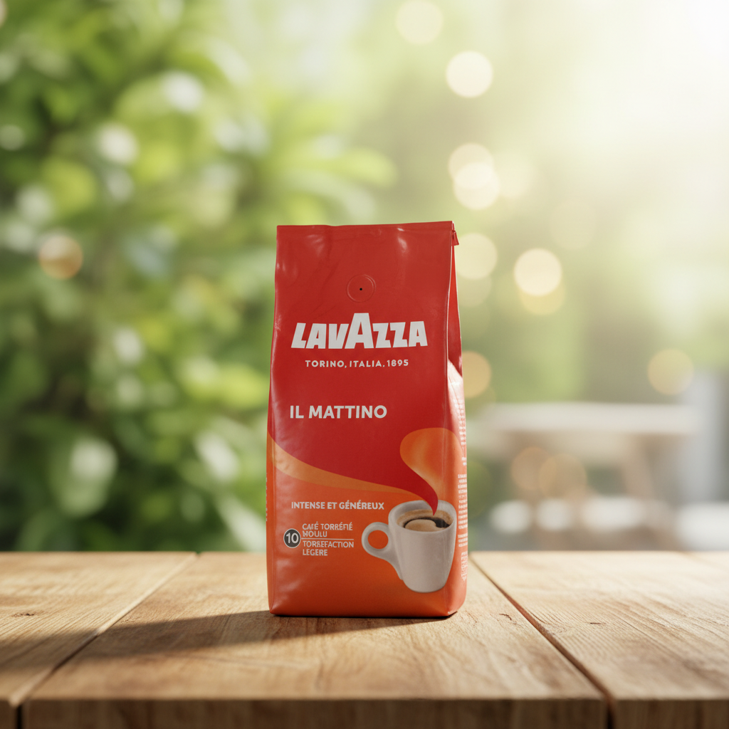 Café Moulu Lavazza Il Mattino sur une table en bois, en lumière naturelle