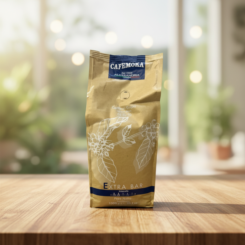 Cafemoka Alessandria Extra Bar sur une table en bois, en lumière naturelle