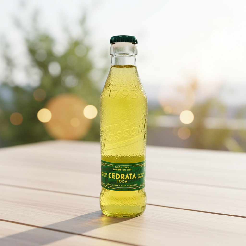 Limonade Cédrat Tassoni sur une table en bois, en lumière naturelle
