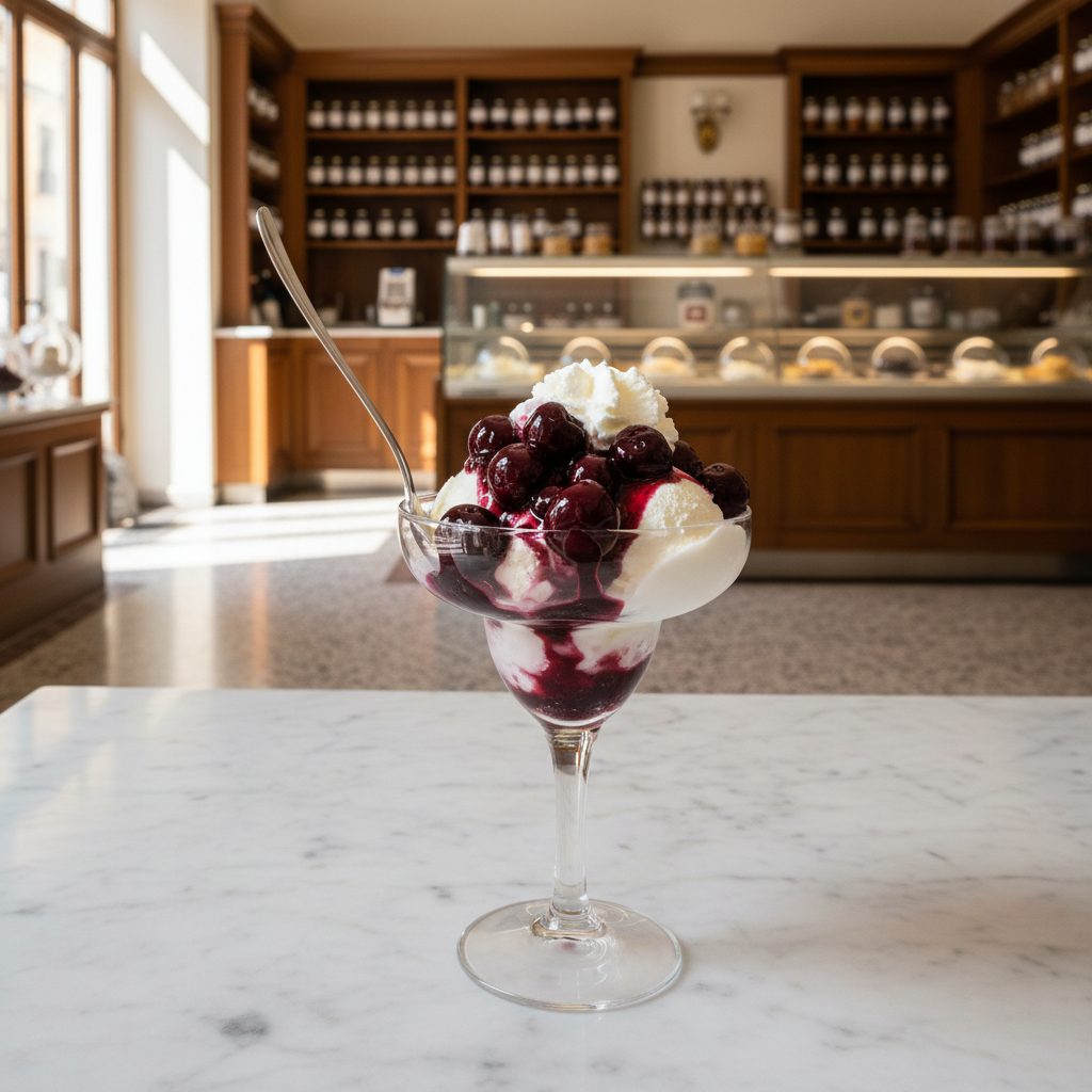 Cerises Amarena au sirop Toschi – Dénoyautées (1 kg) – mise en scène générée par IA à partir de la photo du produit