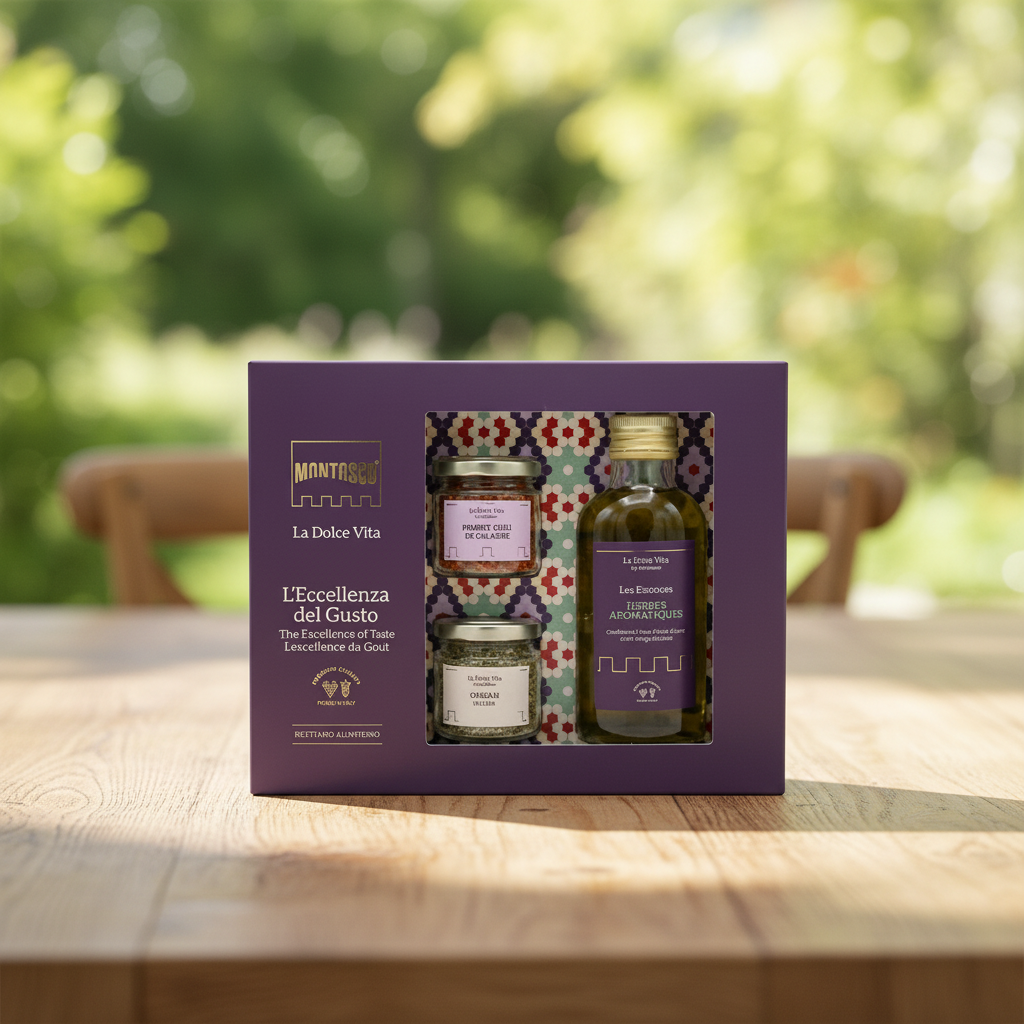 Coffret Herbes & Épices Montosco sur une table en bois, en lumière naturelle