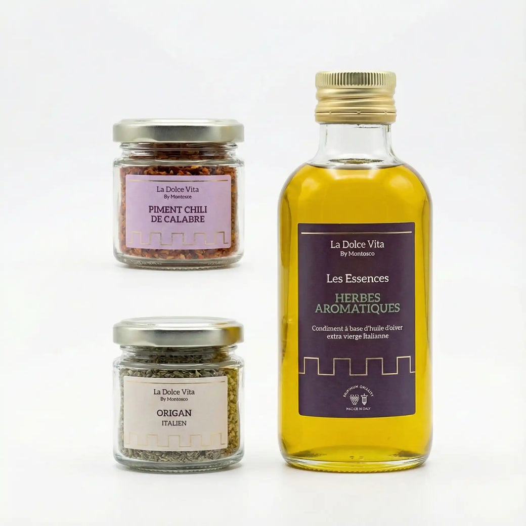 Kruiden- en specerijenset Montosco La Dolce Vita met kruidenolijfolie, Italiaanse oregano en chilipeper uit Calabrië